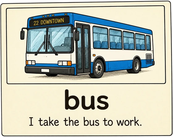 Word card for bus — bus with picture and example